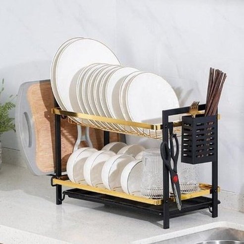 2 Tier Gold Metal Dish Drainer, Dish Rack with Drainer, Kitchen Tableware Organizer for Sink. kitchen counter organizer. Kitchen Tools & Utensils: Dish Racks & Drain Boards.