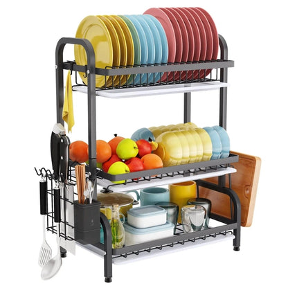 3 Tier Dish Drying Rack with Tray Utensil Holder, with Cutting Board Holder