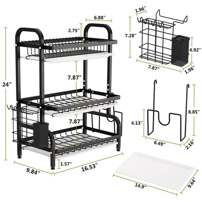 3 Tier Dish Drying Rack with Tray Utensil Holder, with Cutting Board Holder