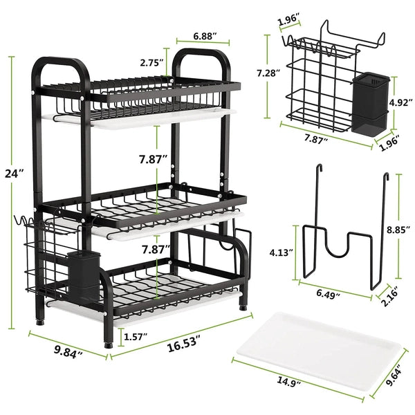 3 Tier Dish Drying Rack with Tray Utensil Holder, with Cutting Board Holder