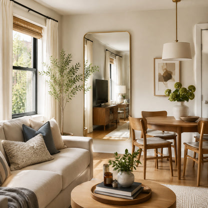 Strategically placed mirror making a compact room feel larger