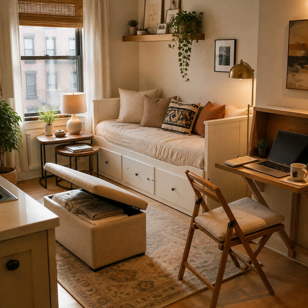 Multifunctional furniture providing storage in a small apartment