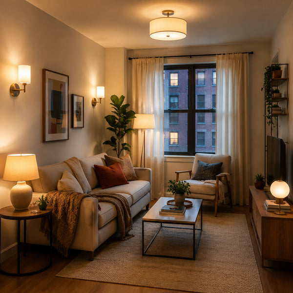 Layered lighting creating depth in a small living space