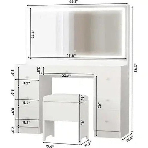 7-Drawer Vanity Desk Set with LED-Lighted Mirror