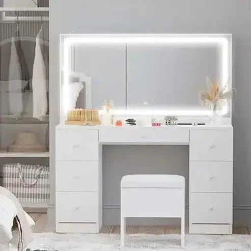 7-Drawer Vanity Desk Set with LED-Lighted Mirror