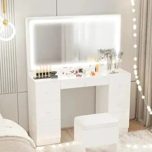 7-Drawer Vanity Desk Set with LED-Lighted Mirror