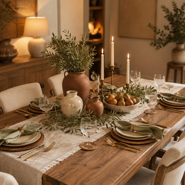 Dining table styled with ceramic vases candles greenery and fruit