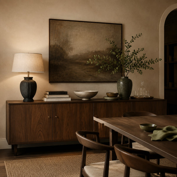 Round wooden dining table with six upholstered chairs