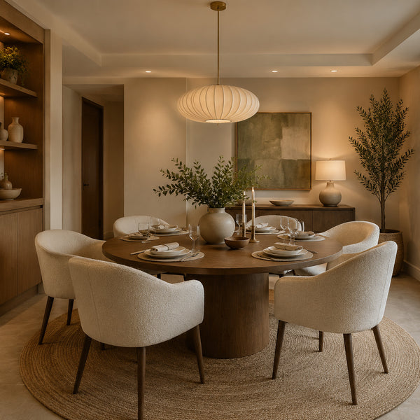 Walnut dining room sideboard styled with artwork lamp and ceramics
