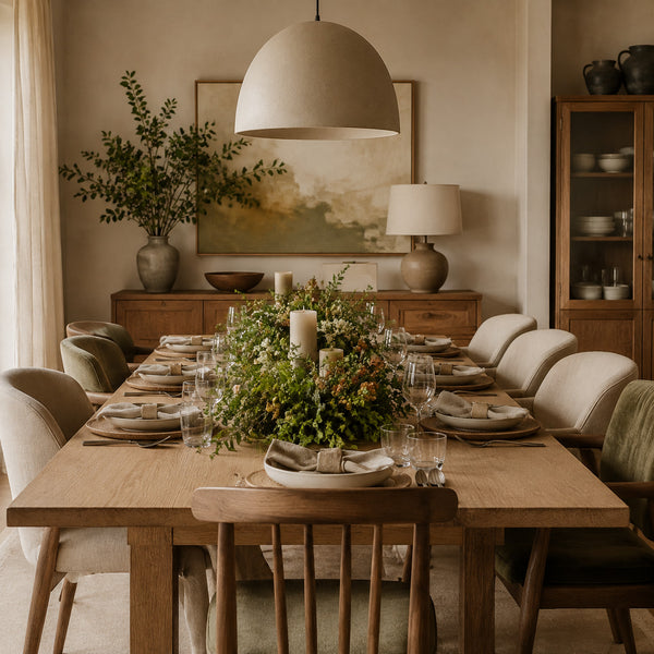 Warm dining room with oak table and abundant low floral centerpiece