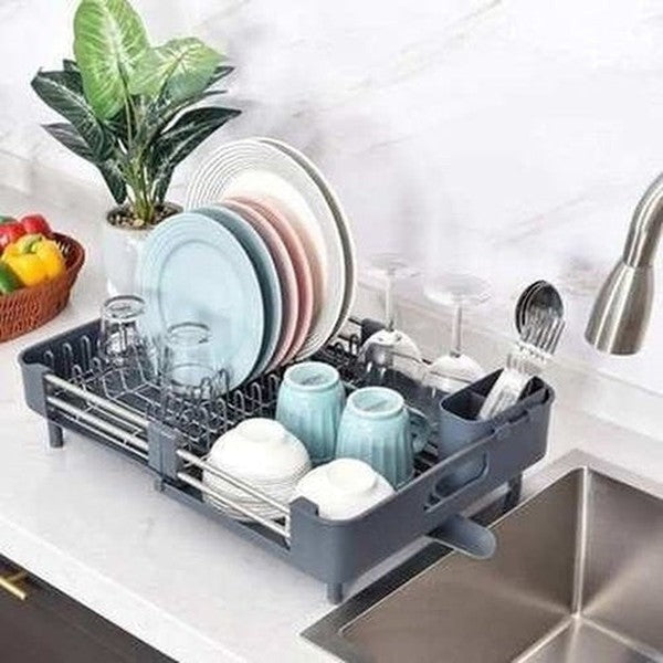 Adjustable Dish Drainer Tray with Removable Drying Rack