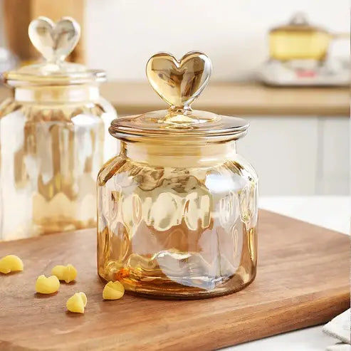 Amber Heart Glass Bottle: Sealed Kitchen Storage Container with Lid