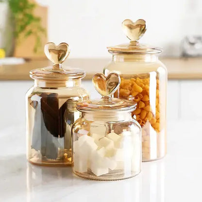 Amber Heart Glass Bottle: Sealed Kitchen Storage Container with Lid