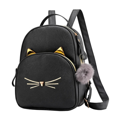 Cartoon Cat PU Leather Satchel, Black Shoulder Bag, Cute Backpack for School and Travel