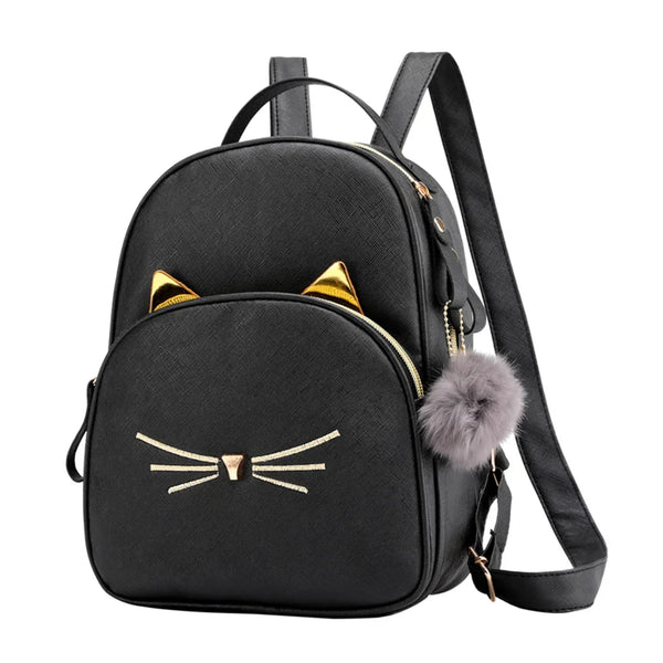 Cartoon Cat PU Leather Satchel, Black Shoulder Bag, Cute Backpack for School and Travel