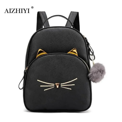 Cartoon Cat PU Leather Satchel, Black Shoulder Bag, Cute Backpack for School and Travel