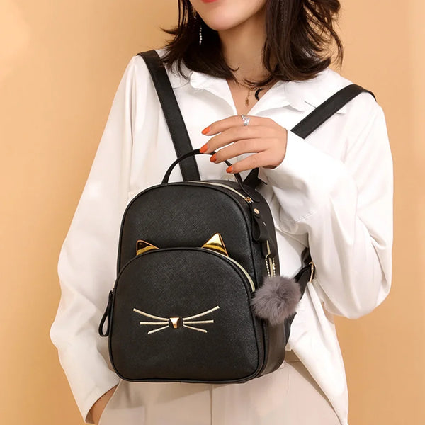Cartoon Cat PU Leather Satchel, Black Shoulder Bag, Cute Backpack for School and Travel