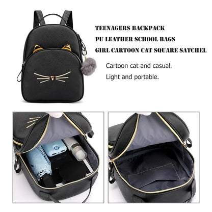 Cartoon Cat PU Leather Satchel, Black Shoulder Bag, Cute Backpack for School and Travel