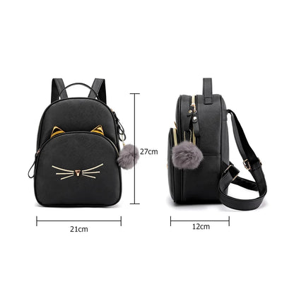 Cartoon Cat PU Leather Satchel, Black Shoulder Bag, Cute Backpack for School and Travel