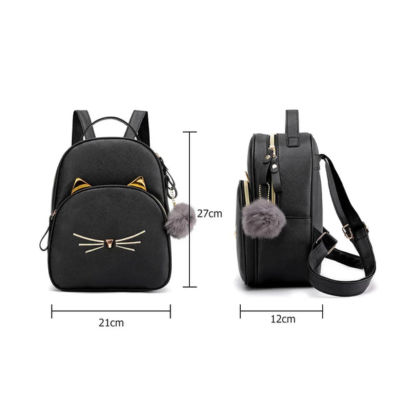 Cartoon Cat PU Leather Satchel, Black Shoulder Bag, Cute Backpack for School and Travel