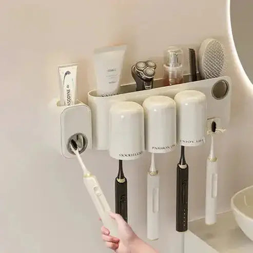 Cream Wall Mounted Toothbrush and Mouthwash Holder Set