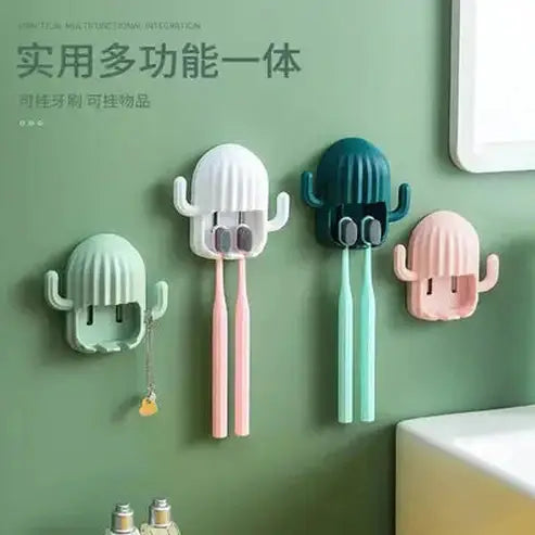 Cute Wall-Mounted Cartoon Cactus Toothbrush Holder