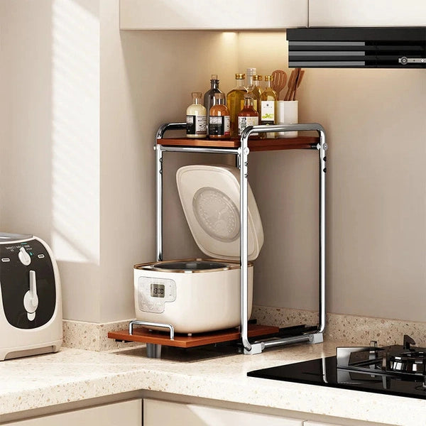 Double-Layer Microwave Oven Rack with Pull-Out Rice Cooker Bracket