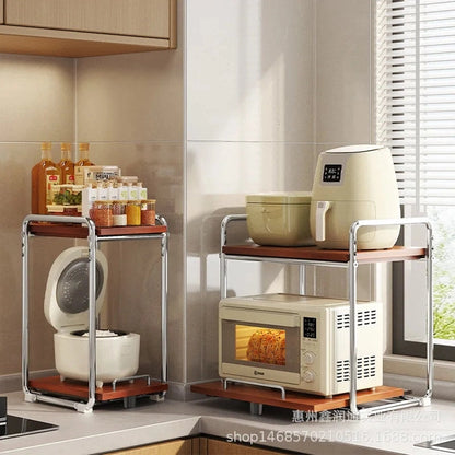 Double-Layer Microwave Oven Rack with Pull-Out Rice Cooker Bracket