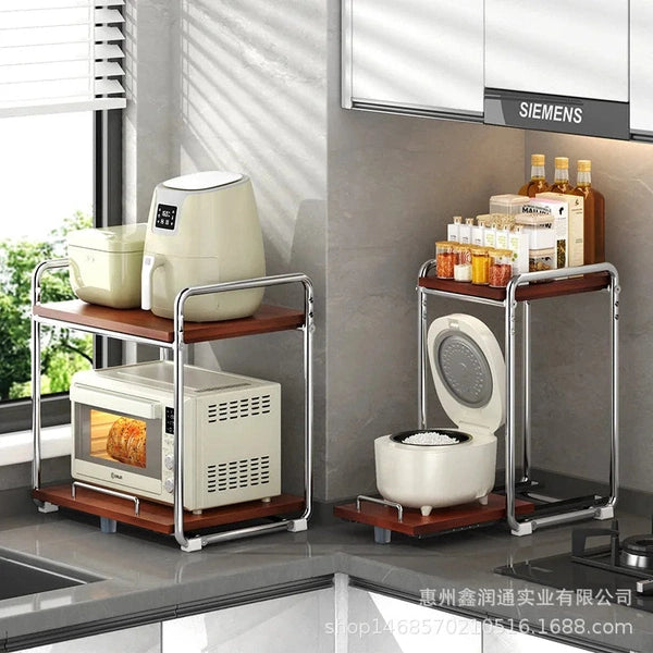 Double-Layer Microwave Oven Rack with Pull-Out Rice Cooker Bracket
