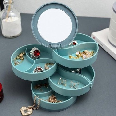 rotating plastic jewelry storage container jewelry holder earring ring box cosmetic beauty container organizer with mirror. type: household storage containers