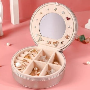 Double Layer PU Leather Portable Mirrored Jewelry Box Small Portable Pin Storage Container Travel Makeup Round Organizer Case. Household Storage Containers.