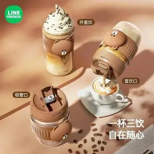 LINE FRIENDS Kawaii Anime Brown Glass Straw Cup