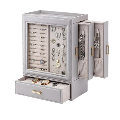 Luxury Leather Jewelry Organizer Storage Box with Drawers