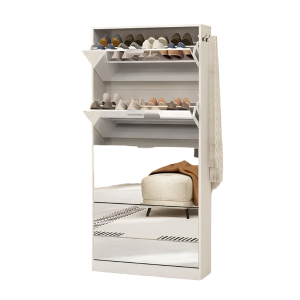Mirror Shoe Cabinet with 4 Flip Drawers, Wooden Shoe Organizer with 4 Tiers for Small Spaces