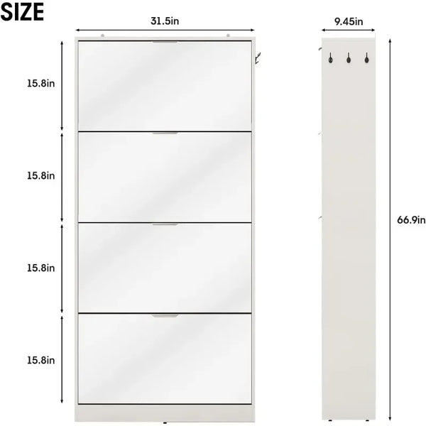 Mirror Shoe Cabinet with 4 Flip Drawers, Wooden Shoe Organizer with 4 Tiers for Small Spaces