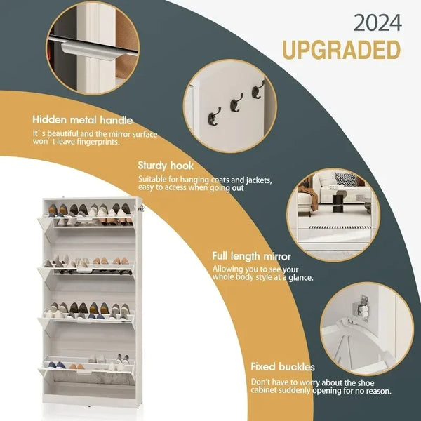 Mirror Shoe Cabinet with 4 Flip Drawers, Wooden Shoe Organizer with 4 Tiers for Small Spaces