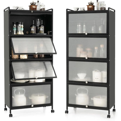 Mobile Microwave Stand with Flip-up PC Doors, Freestanding Kitchen Bakers Rack