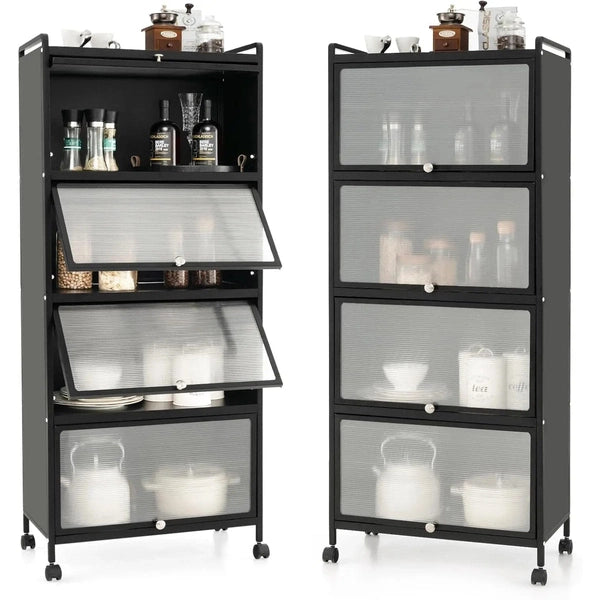 Mobile Microwave Stand with Flip-up PC Doors, Freestanding Kitchen Bakers Rack