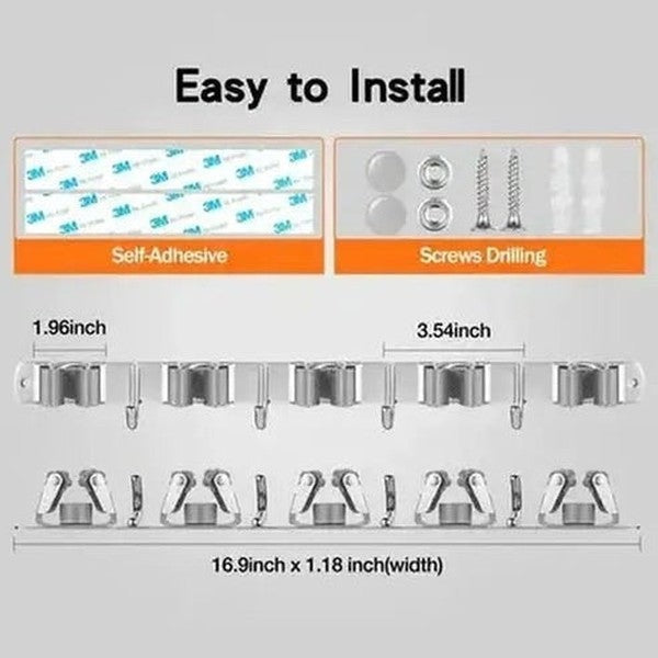 Mop Broom Holder Wall Mount with 5 Racks and 4 Hooks