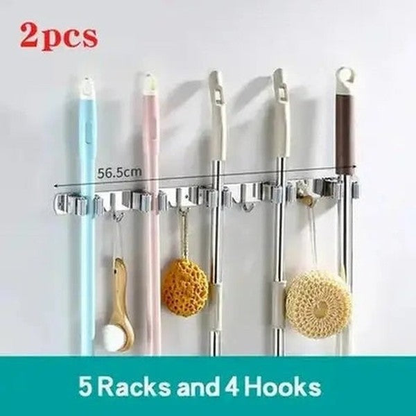 Mop Broom Holder Wall Mount with 5 Racks and 4 Hooks