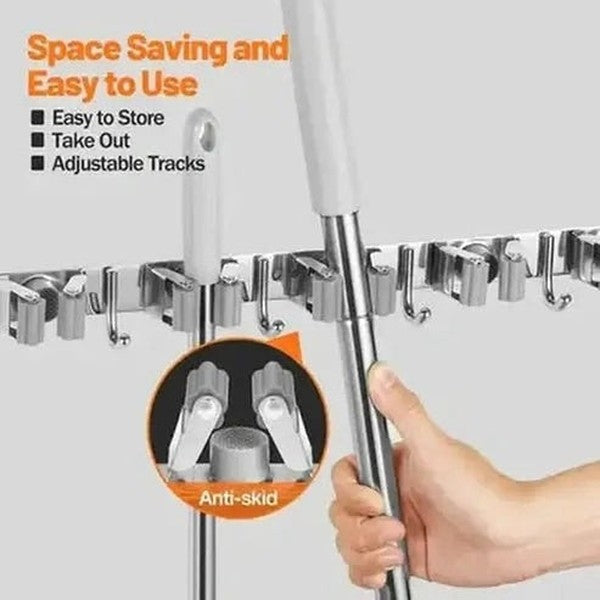 Mop Broom Holder Wall Mount with 5 Racks and 4 Hooks