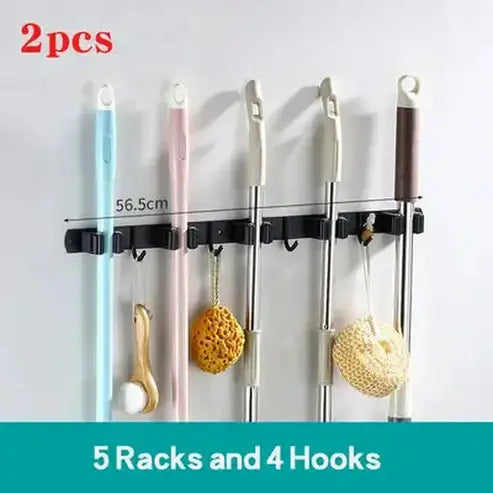 Mop Broom Holder Wall Mount with 5 Racks and 4 Hooks