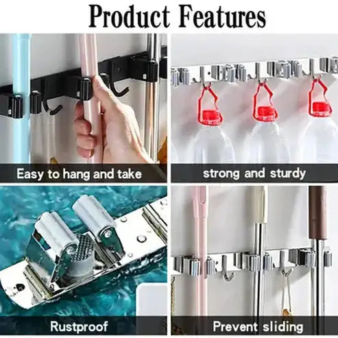 Mop Broom Holder Wall Mount with 5 Racks and 4 Hooks