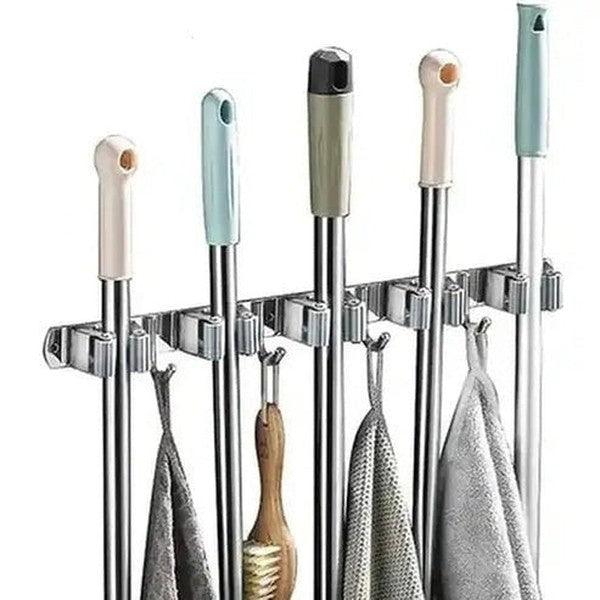 Mop Broom Holder Wall Mount with 5 Racks and 4 Hooks