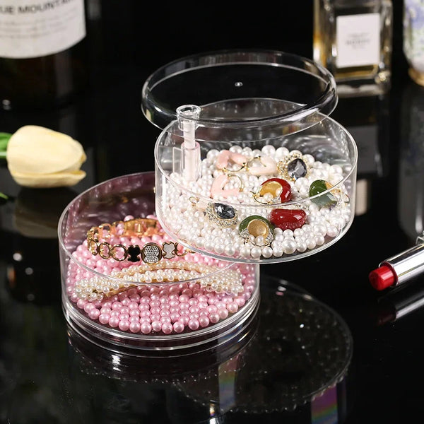 Multi-Layer Rotating Transparent Round Jewelry Box for Earrings, Studs, Necklaces