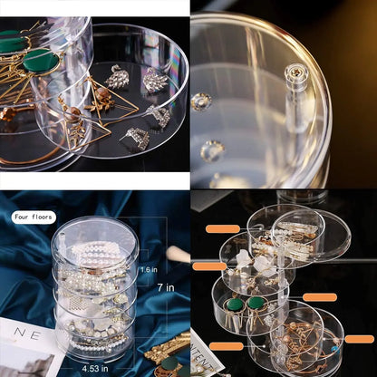 Multi-Layer Rotating Transparent Round Jewelry Box for Earrings, Studs, Necklaces