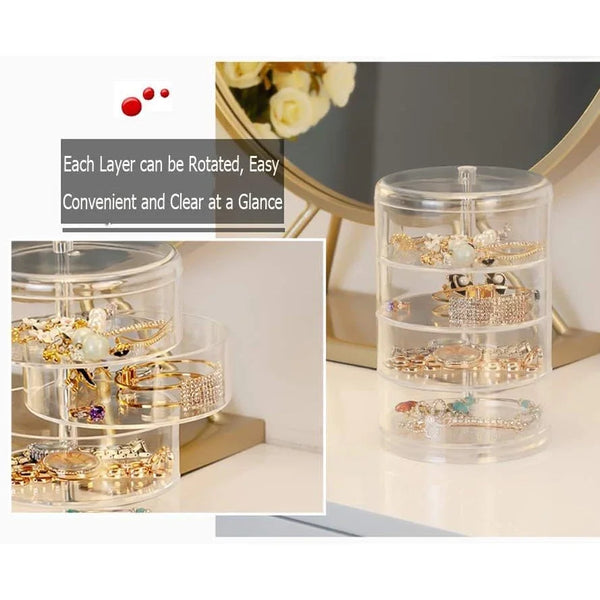 Multi-Layer Rotating Transparent Round Jewelry Box for Earrings, Studs, Necklaces