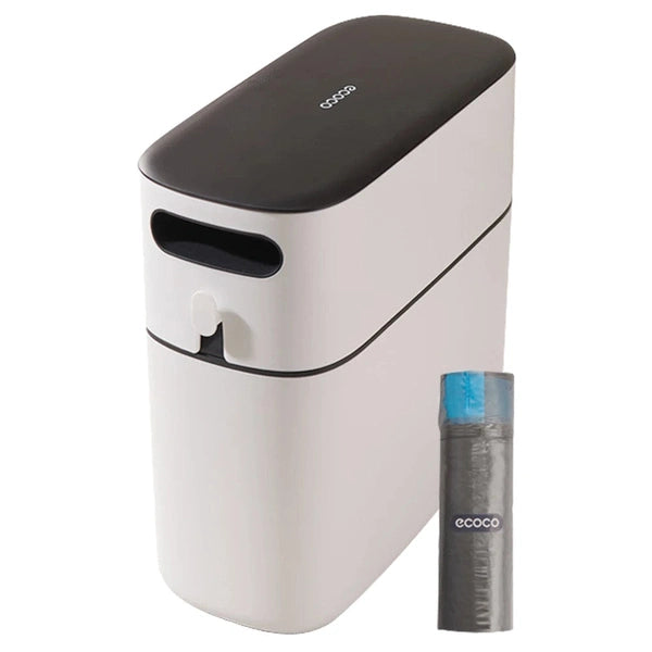 Plastic Narrow Trash Can – Wastebasket with Press-Type Lid for Bathroom