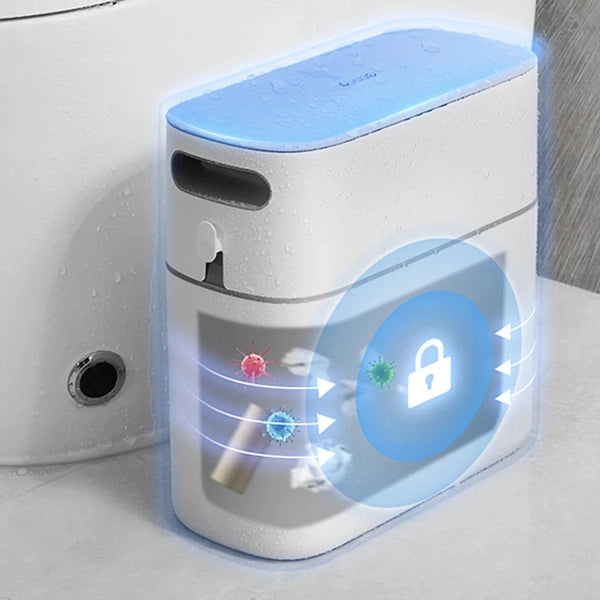 Plastic Narrow Trash Can – Wastebasket with Press-Type Lid for Bathroom