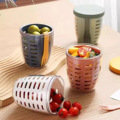 650ml Fruit Salad Cup with Fork, Double Layer Drainage Milk Bottle